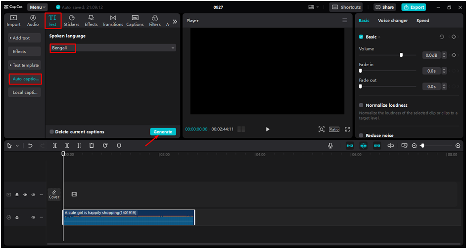 Editing interface of the CapCut desktop video editor - a perfect tool to transcribe voice-to-text in Bangla