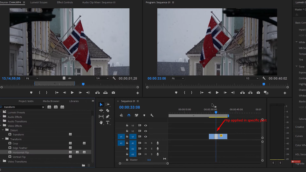 Interface showing how to flip specific parts of video in Premiere Pro