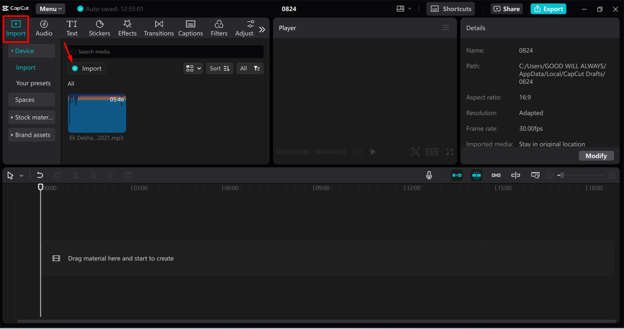 Importing audio files to the CapCut desktop video editor