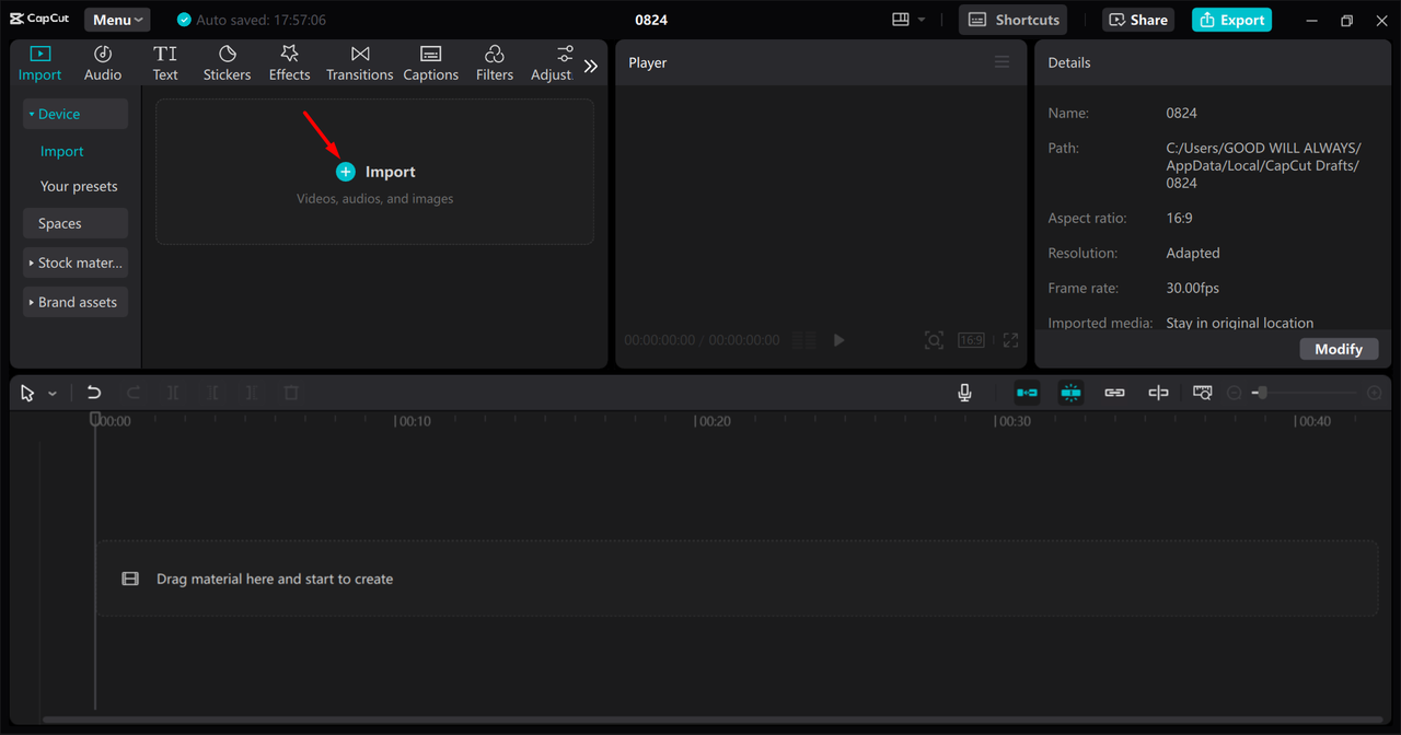 Importing a video from the device to the CapCut desktop video editor