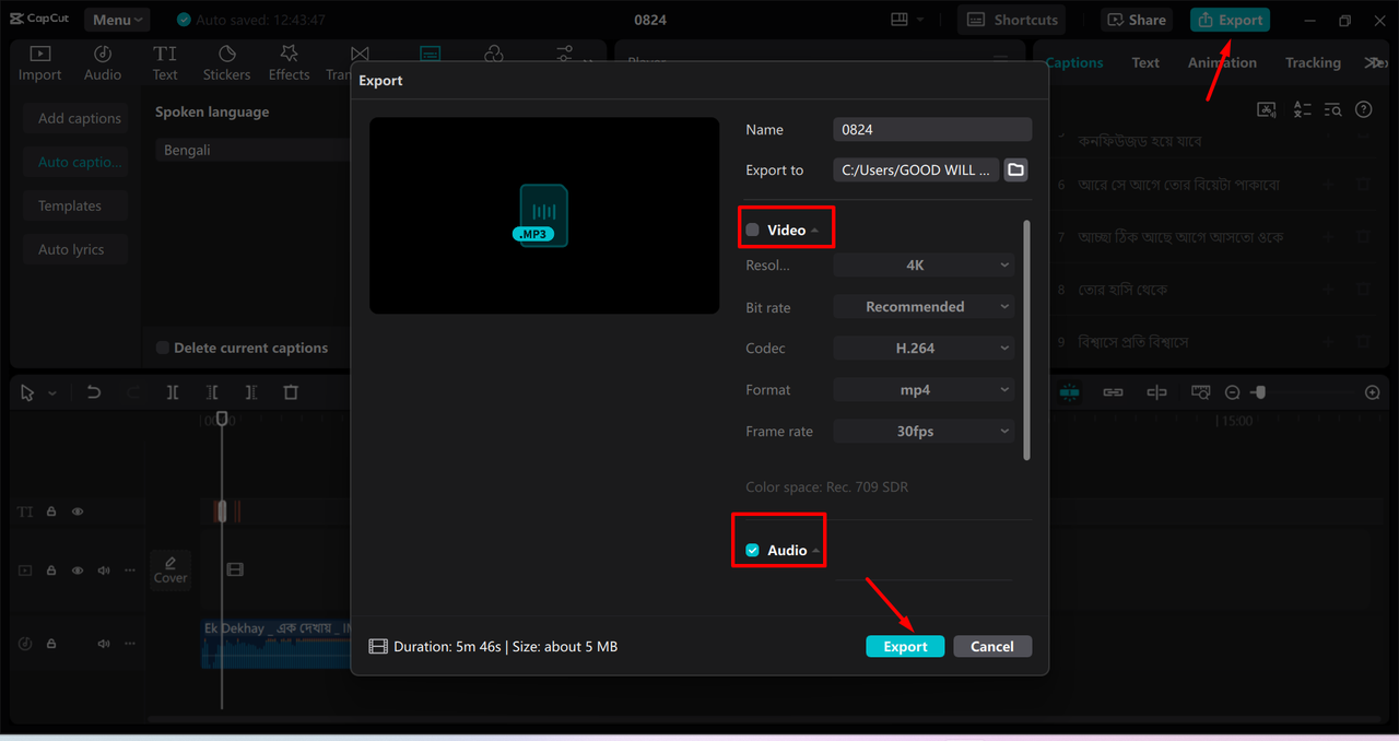 Exporting audio from the CapCut desktop video editor