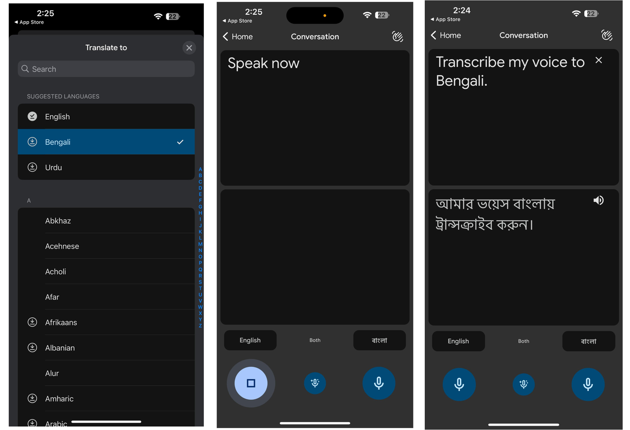 Interface showing how to convert Bangla audio to text in Google Translate mobile app