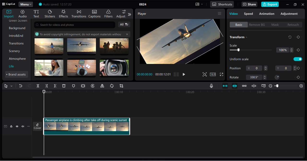 Editing interface of the CapCut desktop video editor - a perfect tool for flipping and rotating videos