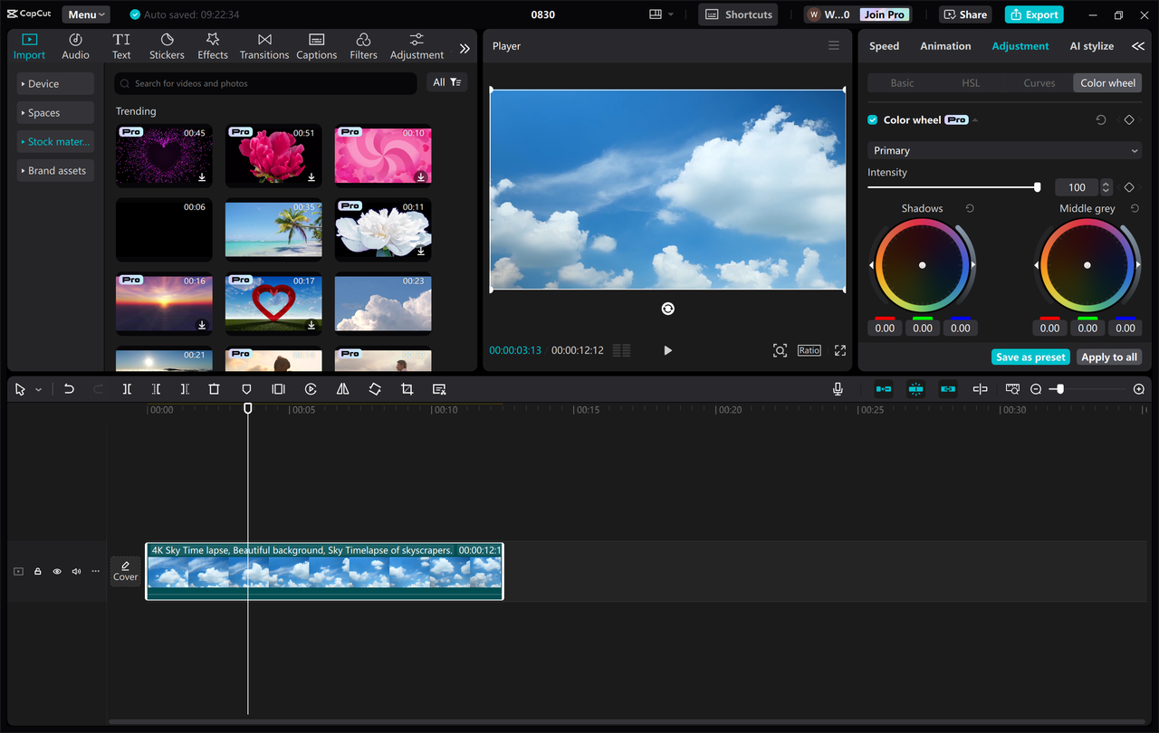 Editing interface of the CapCut desktop video editor - a perfect tool for color correction