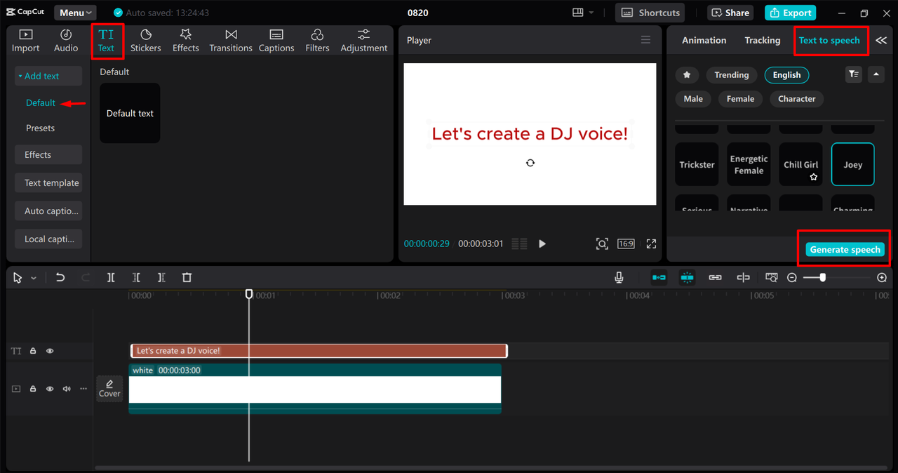 Utilizing a text-to-speech tool to generate a custom DJ voice in the CapCut desktop video editor