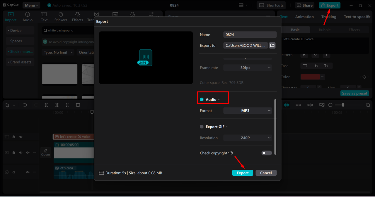 Exporting DJ voice from the CapCut desktop video editor