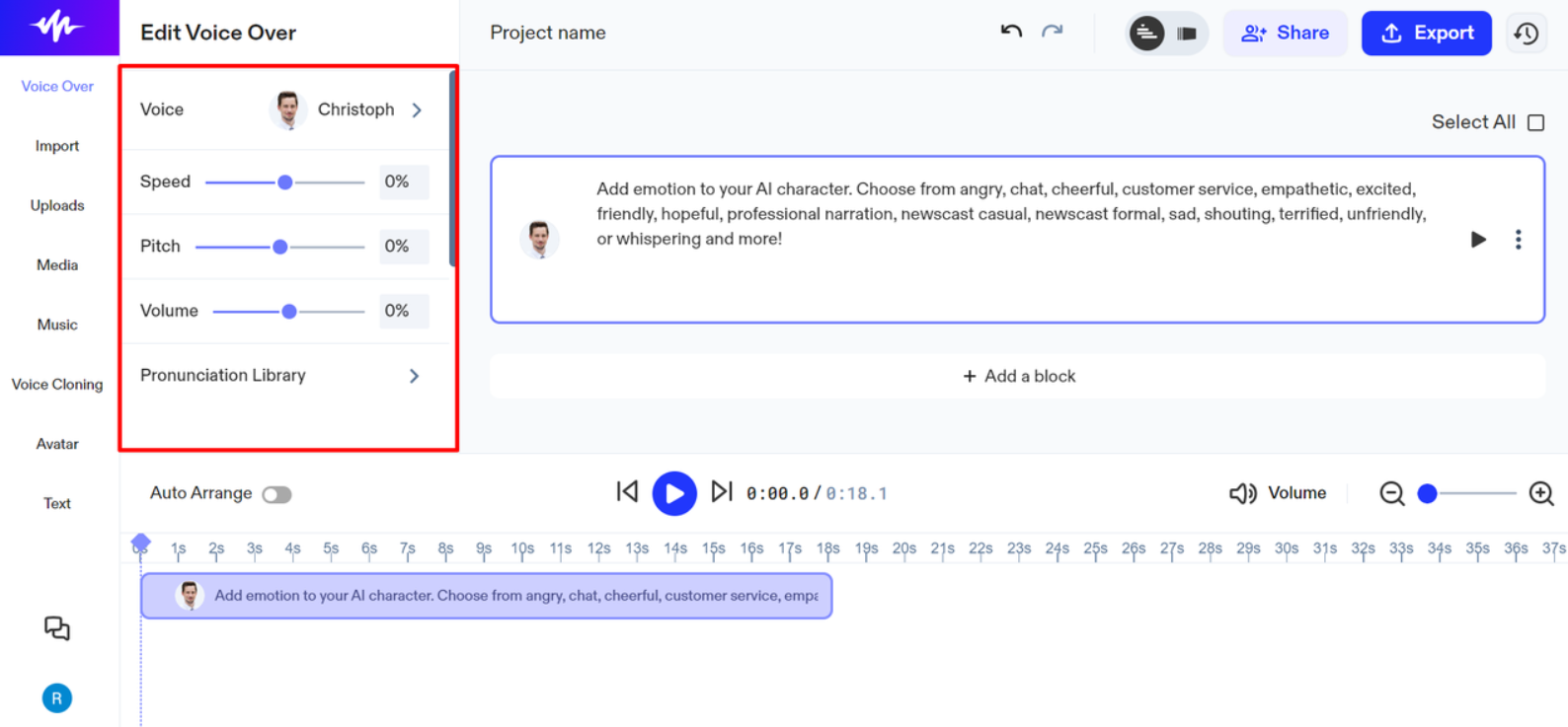 Interface of Speechify - an easy-to-use online DJ voice maker available for free