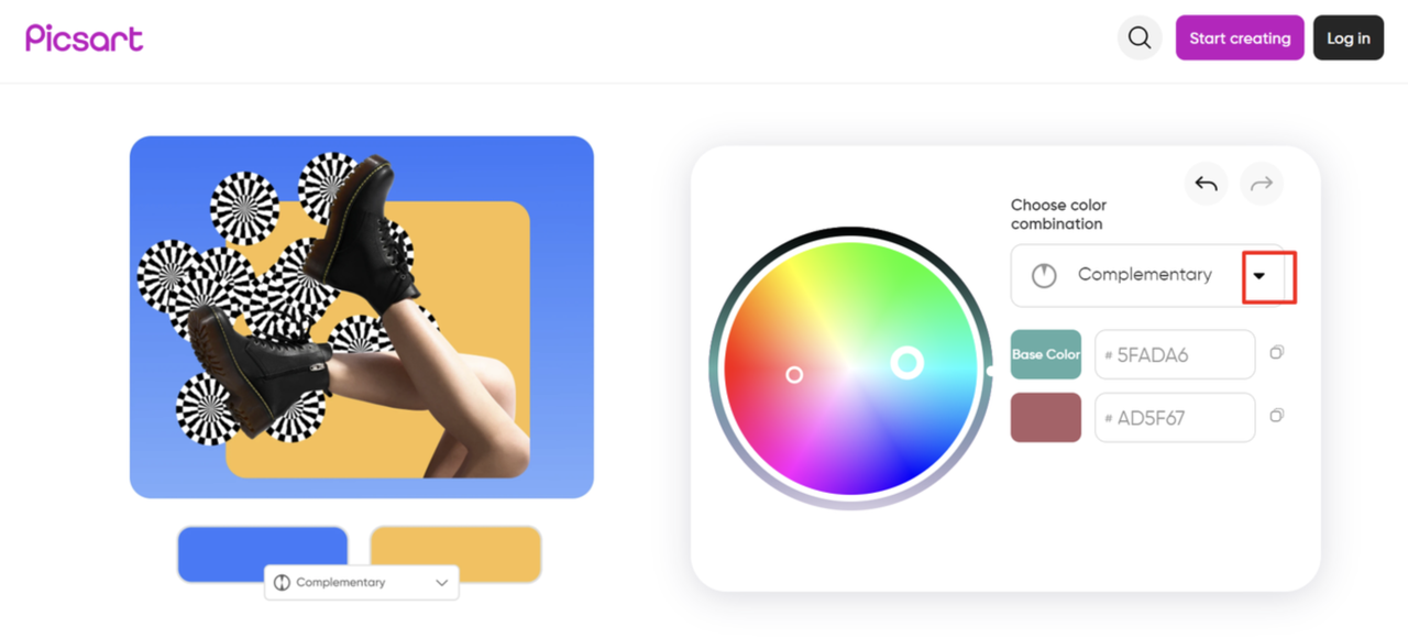 Interface of Picsart - a dynamic color picker wheel online