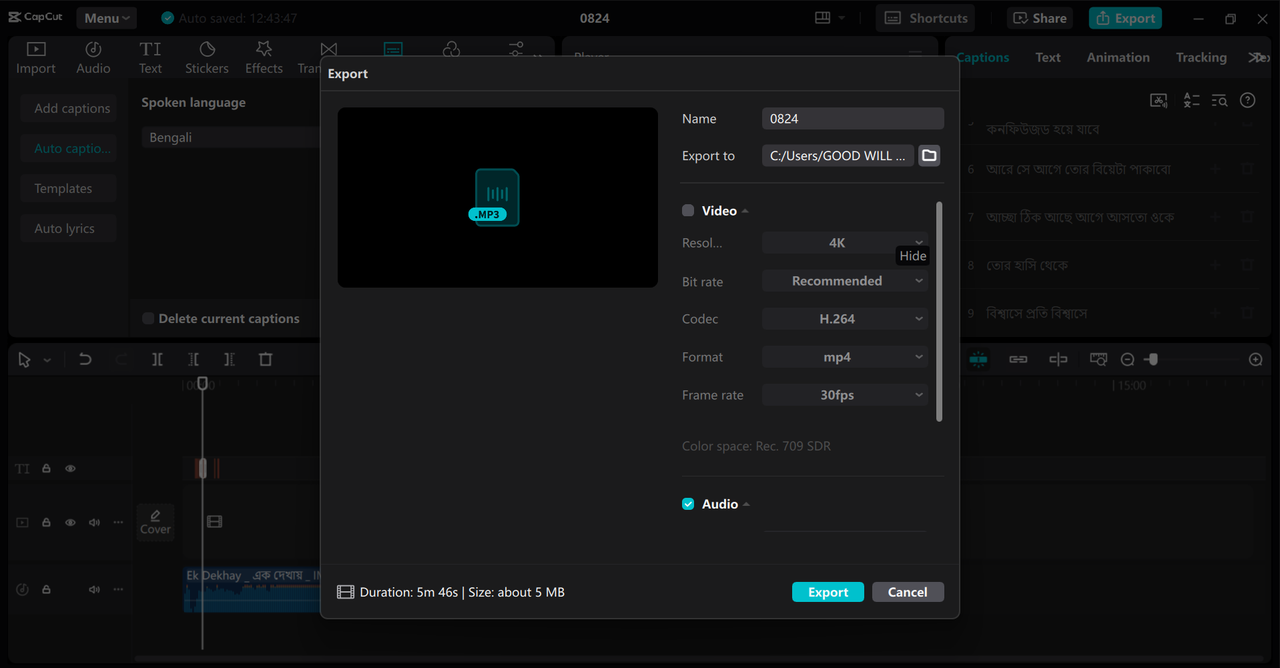 Exporting the Bengali voice from the CapCut desktop video editor