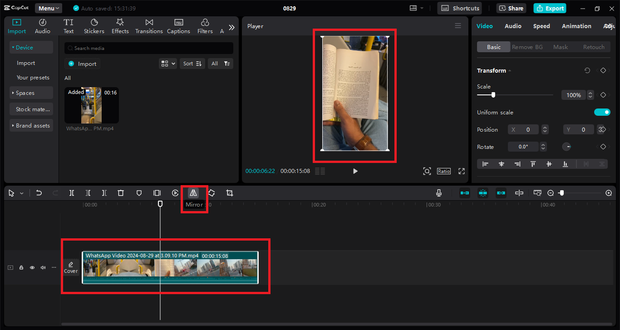 An image of how to mirror a video in the CapCut desktop video editor