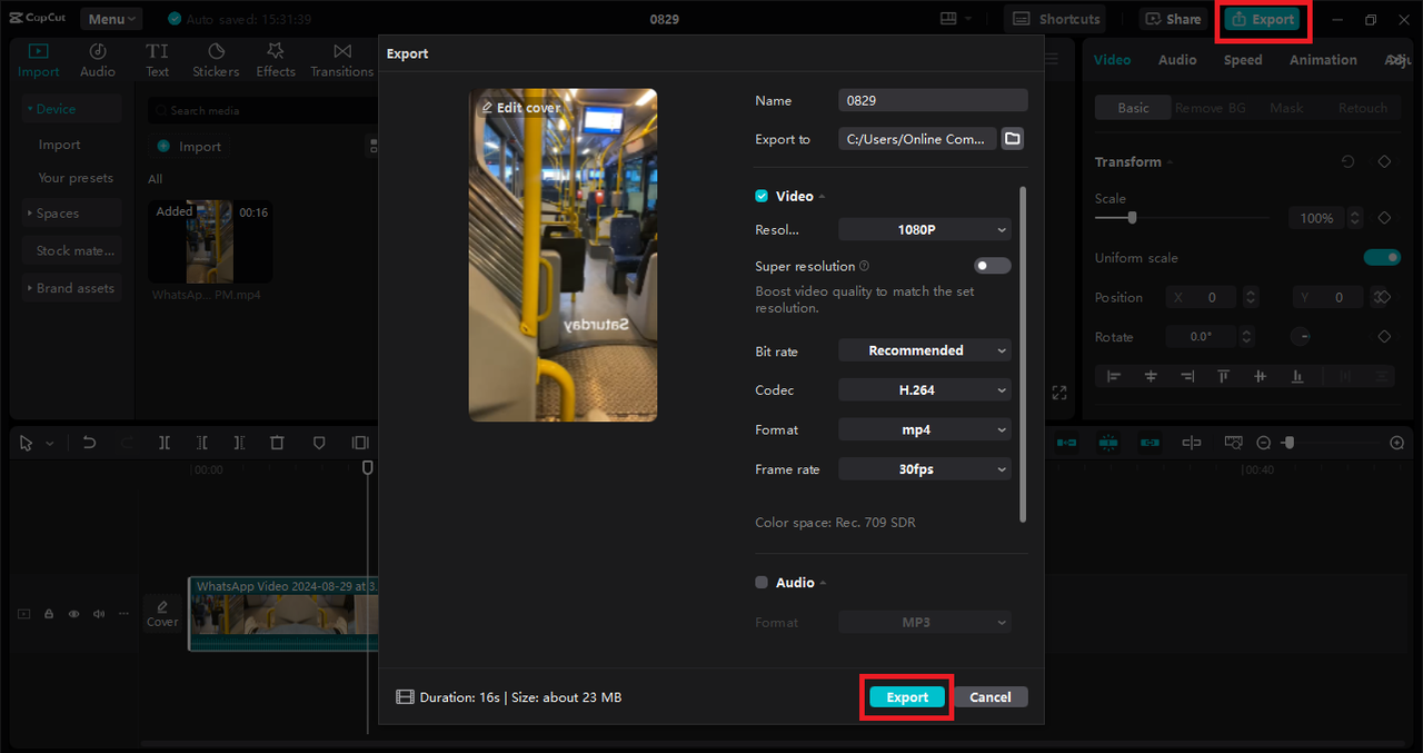 An image of exporting a mirrored video