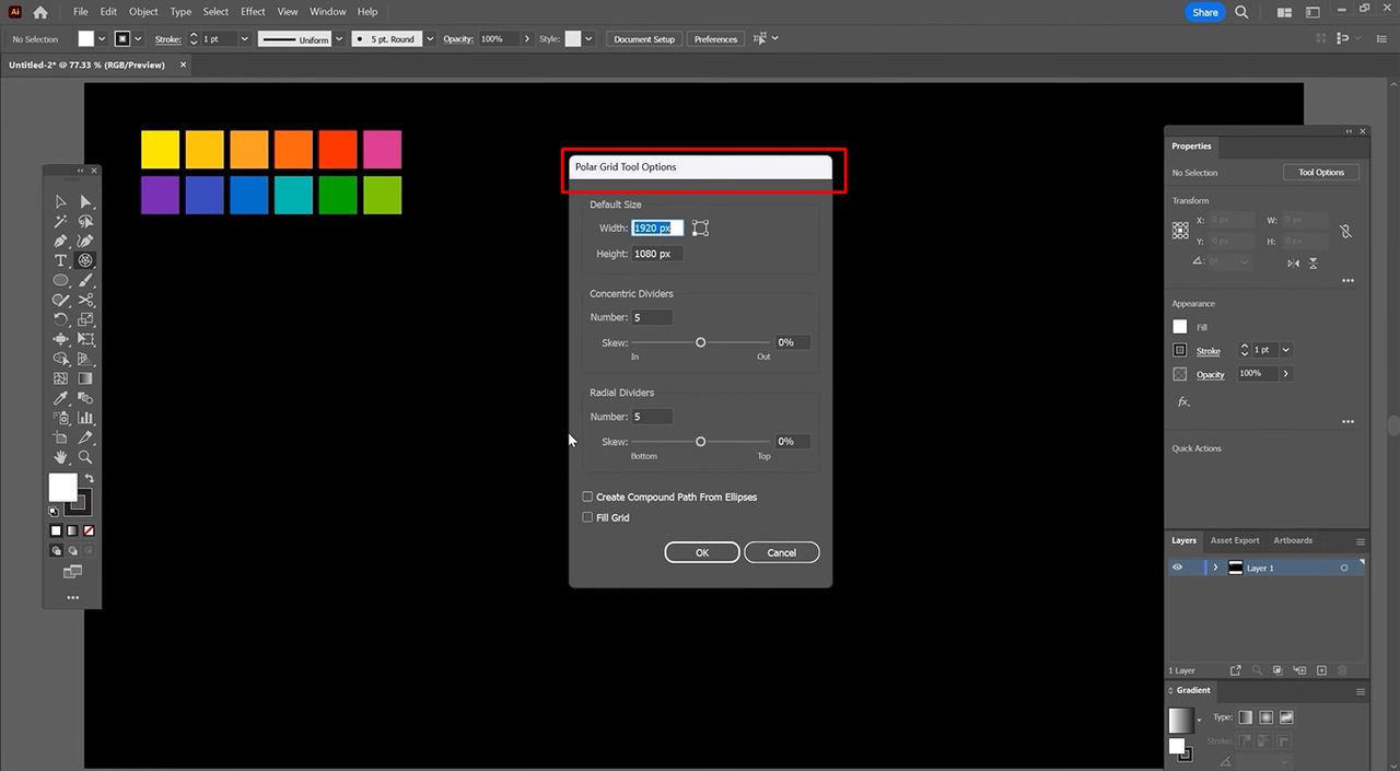 Adjusting the polar grid tool setting to create a color wheel in Illustrator 