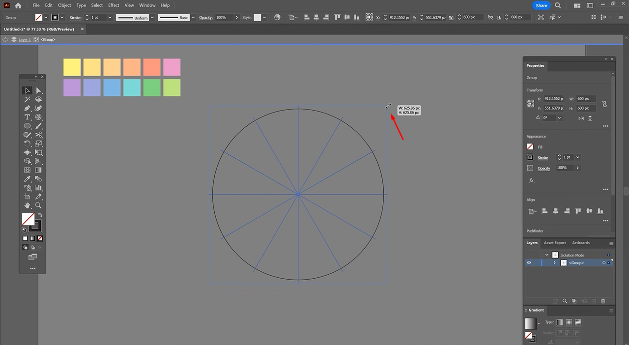 Adjusting and scaling the grid to properly fit with the boundaries of Adobe Illustrator color wheel