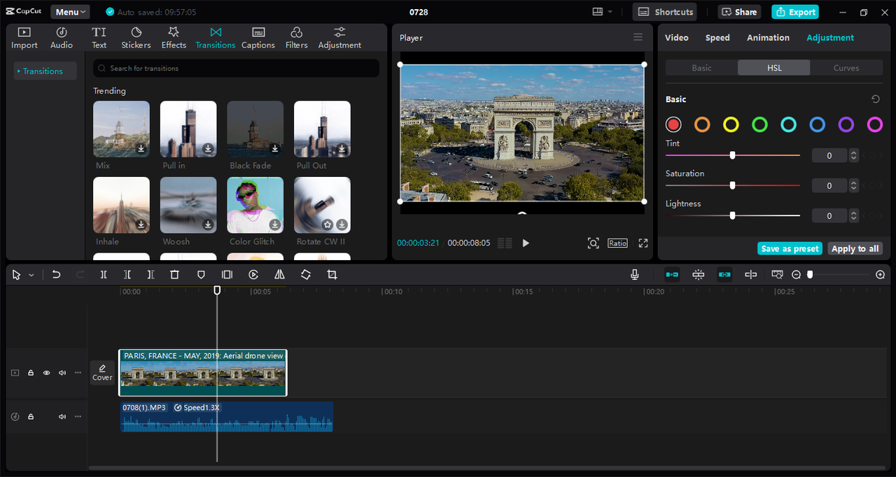 Interface of the CapCut desktop video editor - the best tool to add dynamic color schemes to video 