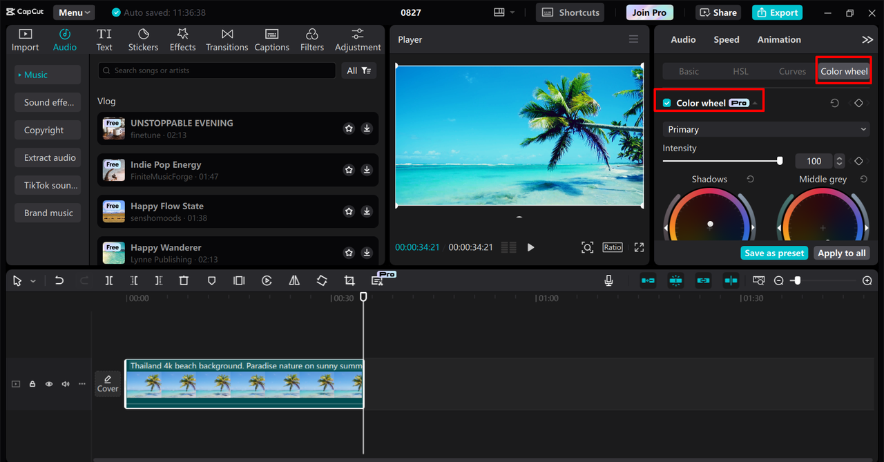 Using the color wheels to achieve the perfect color scheme for video in the CapCut desktop video editor 