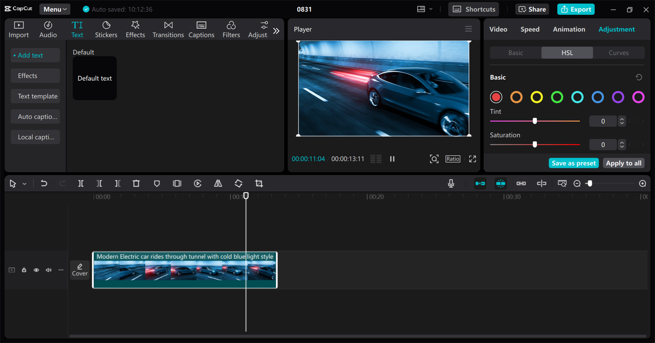 Editing interface of the CapCut desktop video editor - a perfect tool to use the color wheel for videos