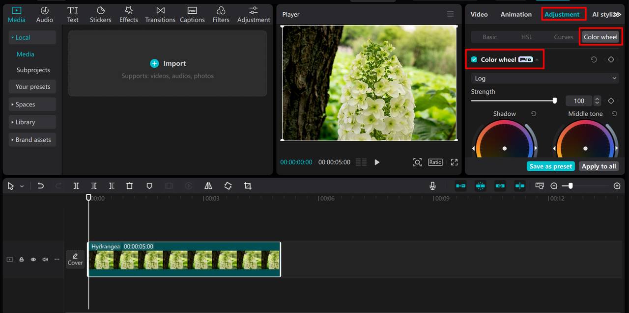 Utilizing the color wheel to refine video in the CapCut desktop video editor