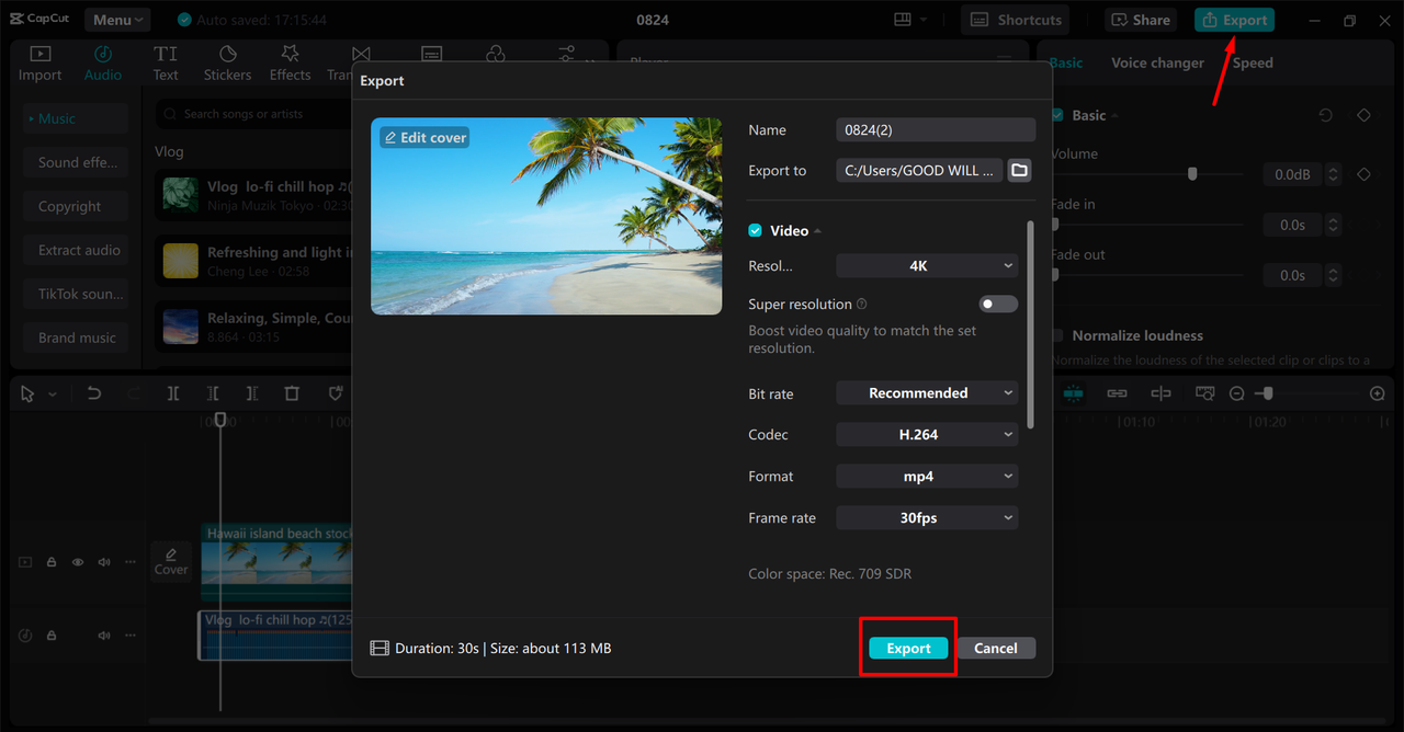 Exporting the video from the CapCut desktop video editor