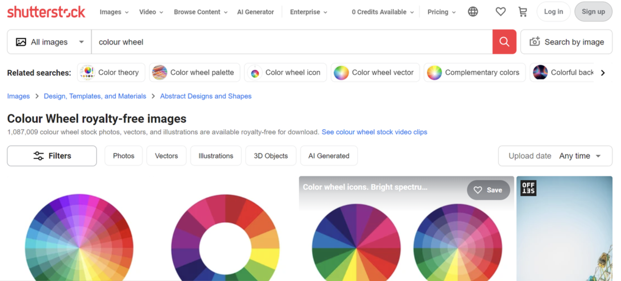 Interface of Shutterstock - a professional platform to get color wheel ideas for art