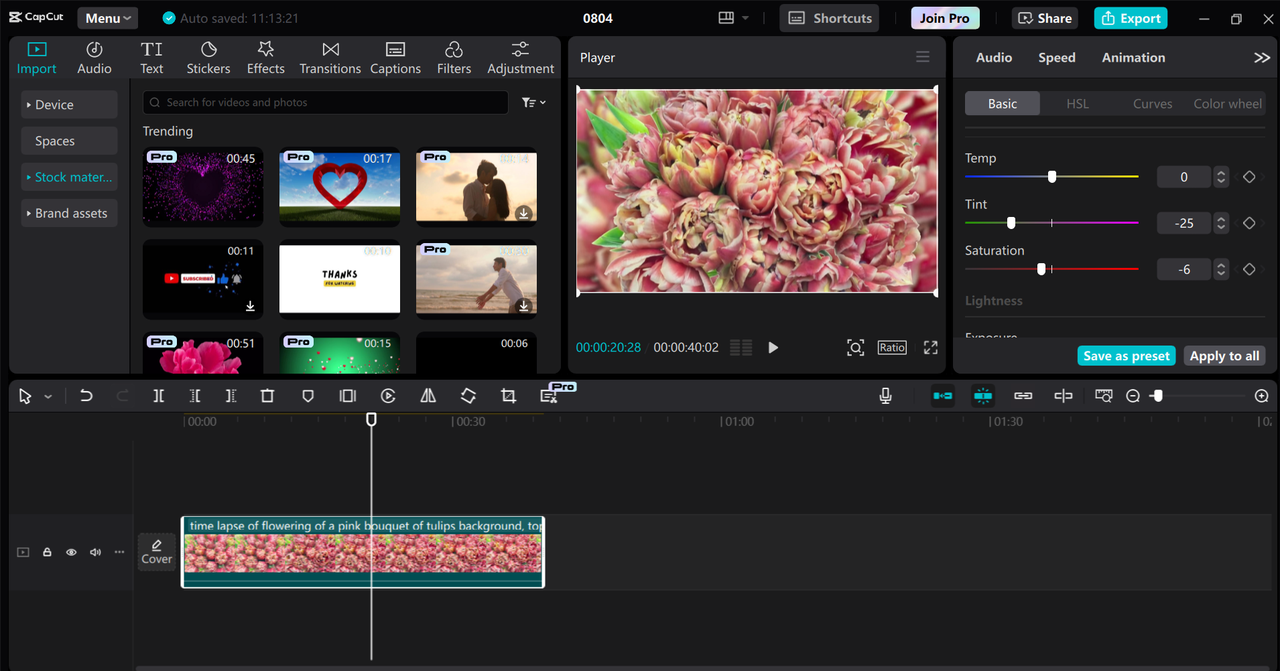 Editing interface of the CapCut desktop video editor - a perfect platform for using color wheel in video editing