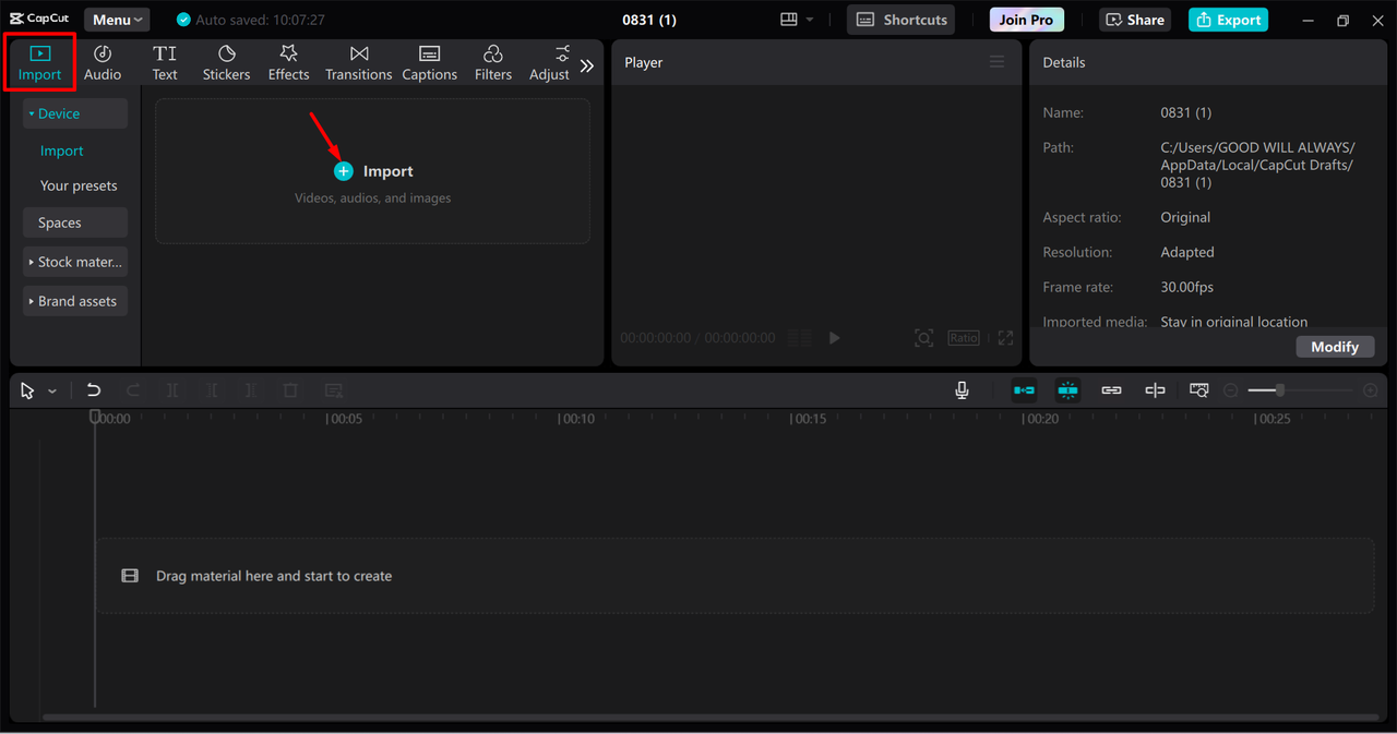 Importing video in the CapCut desktop video editor