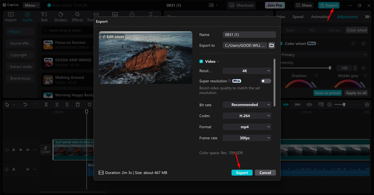 Exporting the video from the CapCut desktop video editor