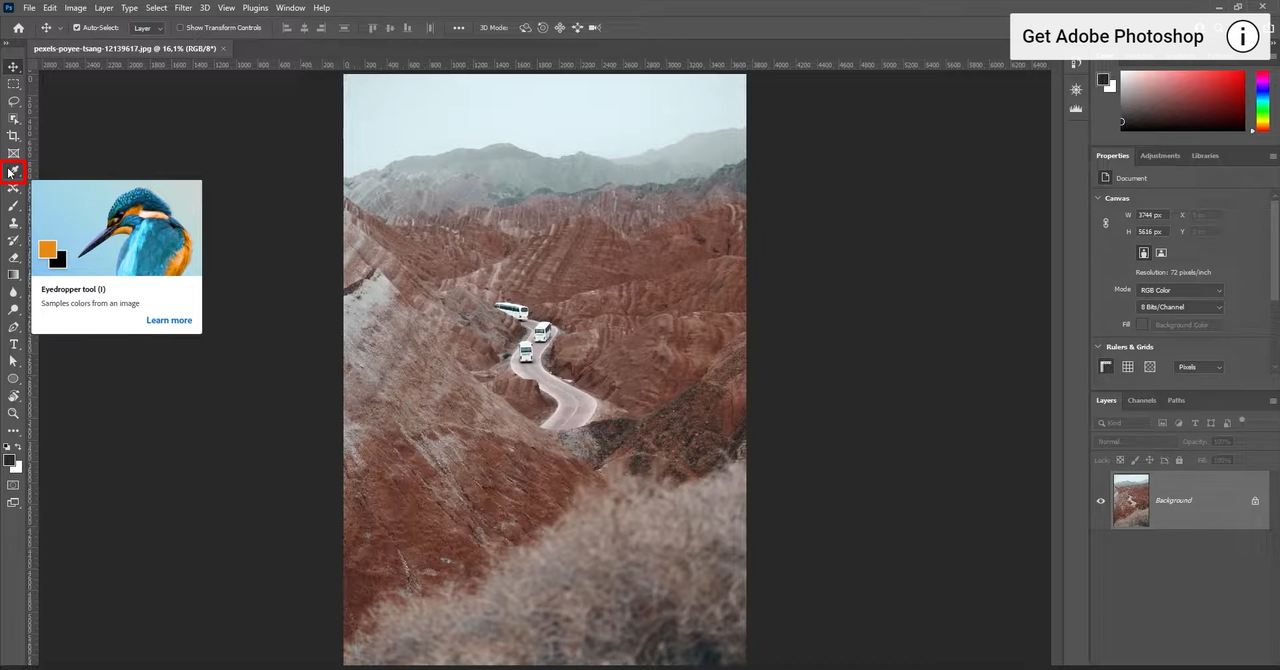 Using the eyedropper tool to select the color in Photoshop