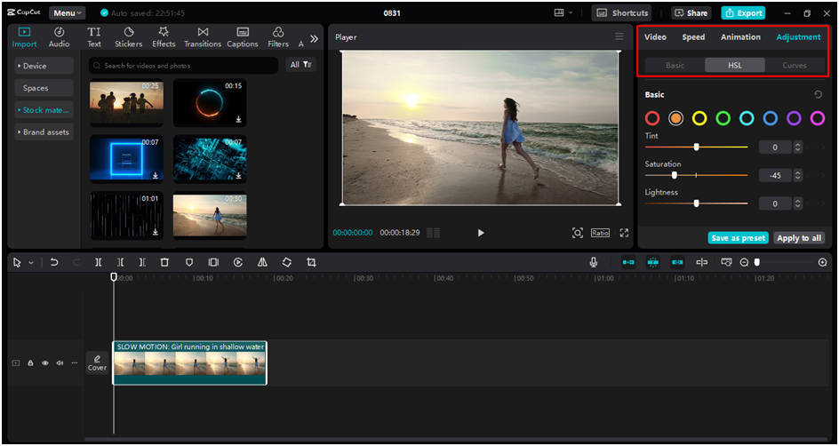 Editing interface of the CapCut desktop video editor - a professional tool to integrate vibrant colors into videos