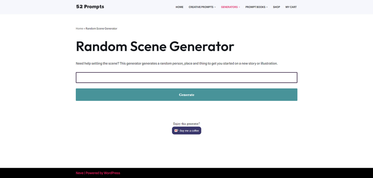 Interface of 52 prompts - the best random story topic generator