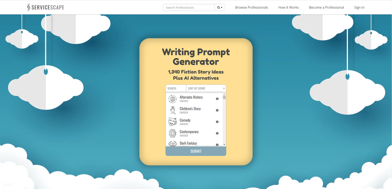 Interface of ServiceScape - the perfect writing idea generator