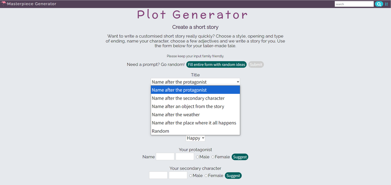 Interface of Plot Generator - the best creative writing generator