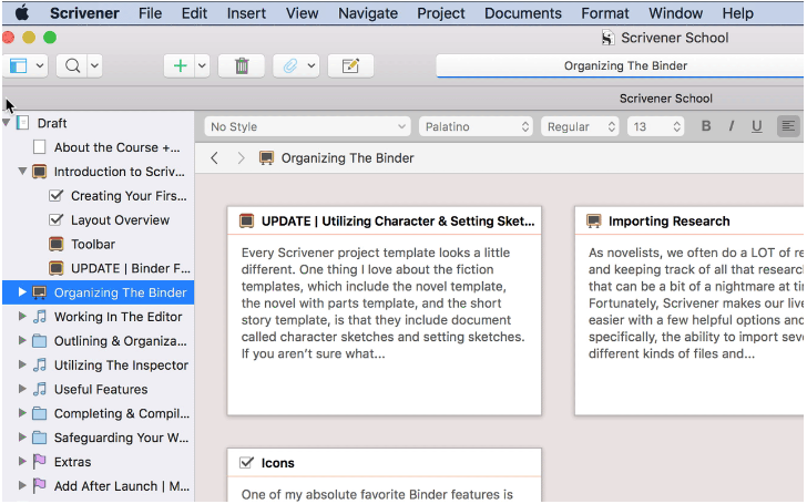 Interface of Scrivener - the best story topic generator