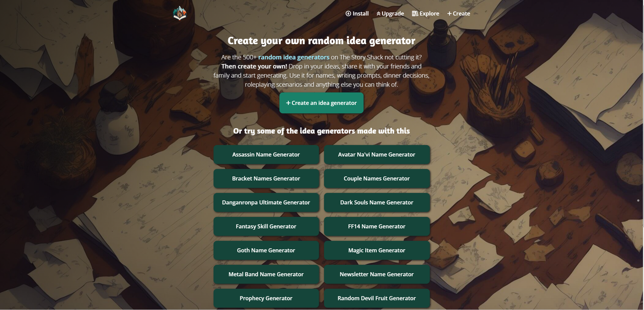 Interface of Story Shack - the most reliable topic generator for story