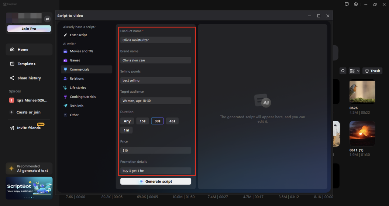 Entering the content detail for generating script in the CapCut desktop video editor 