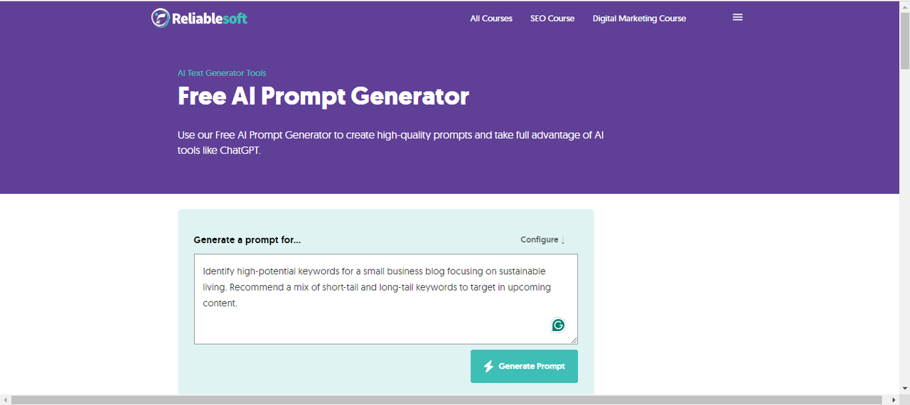 Interface of Reliablesoft - the best tool to generate free AI prompts