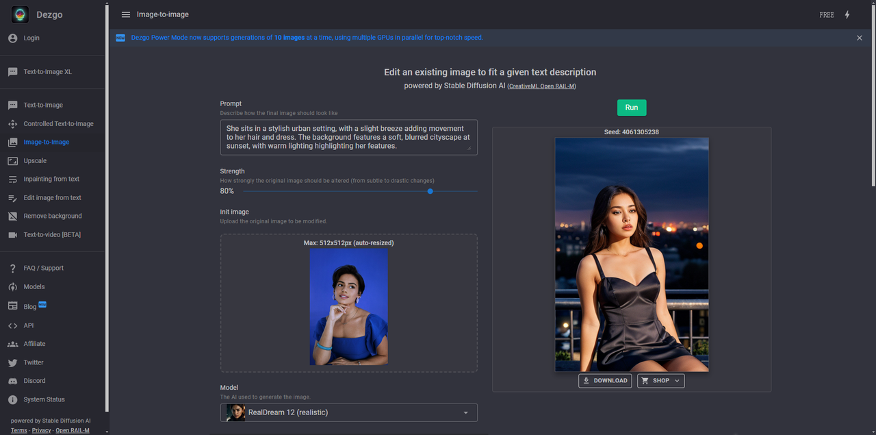 Generate AI images from images at Dezgo