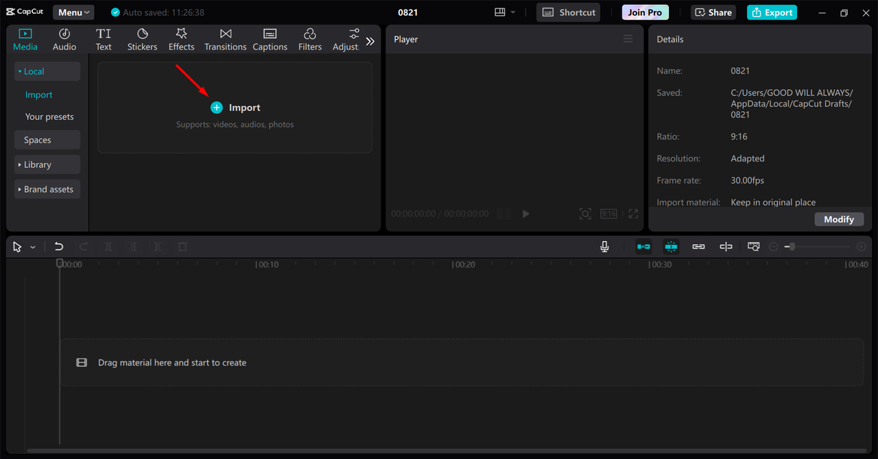 Importing a video from the device to the CapCut desktop video editor