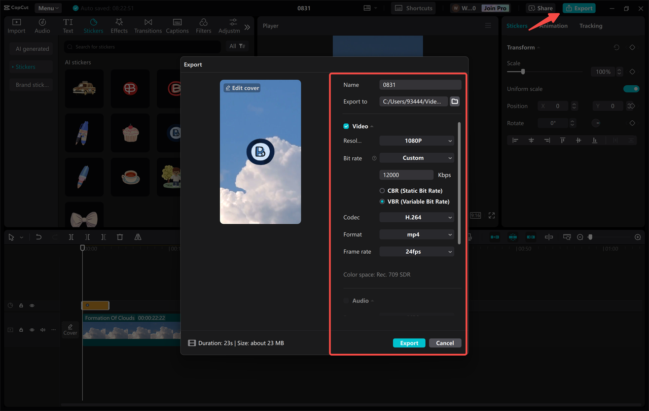 Exporting vertical video from the CapCut desktop video editor