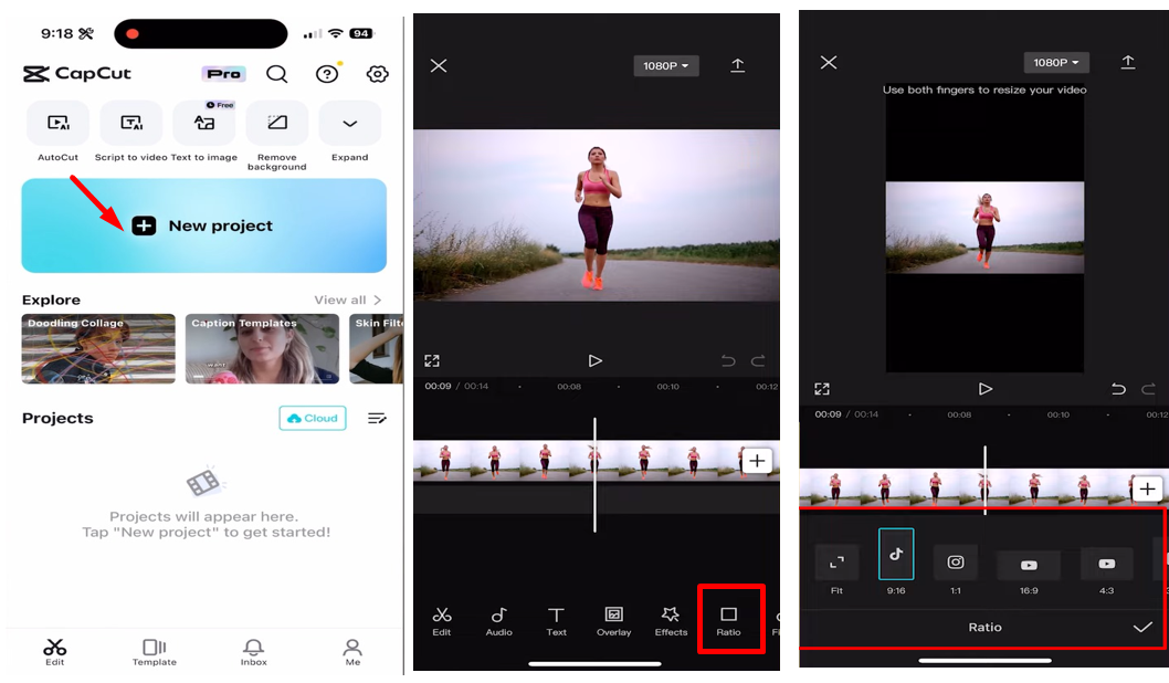 Interface showing how to make video vertical in CapCut mobile app