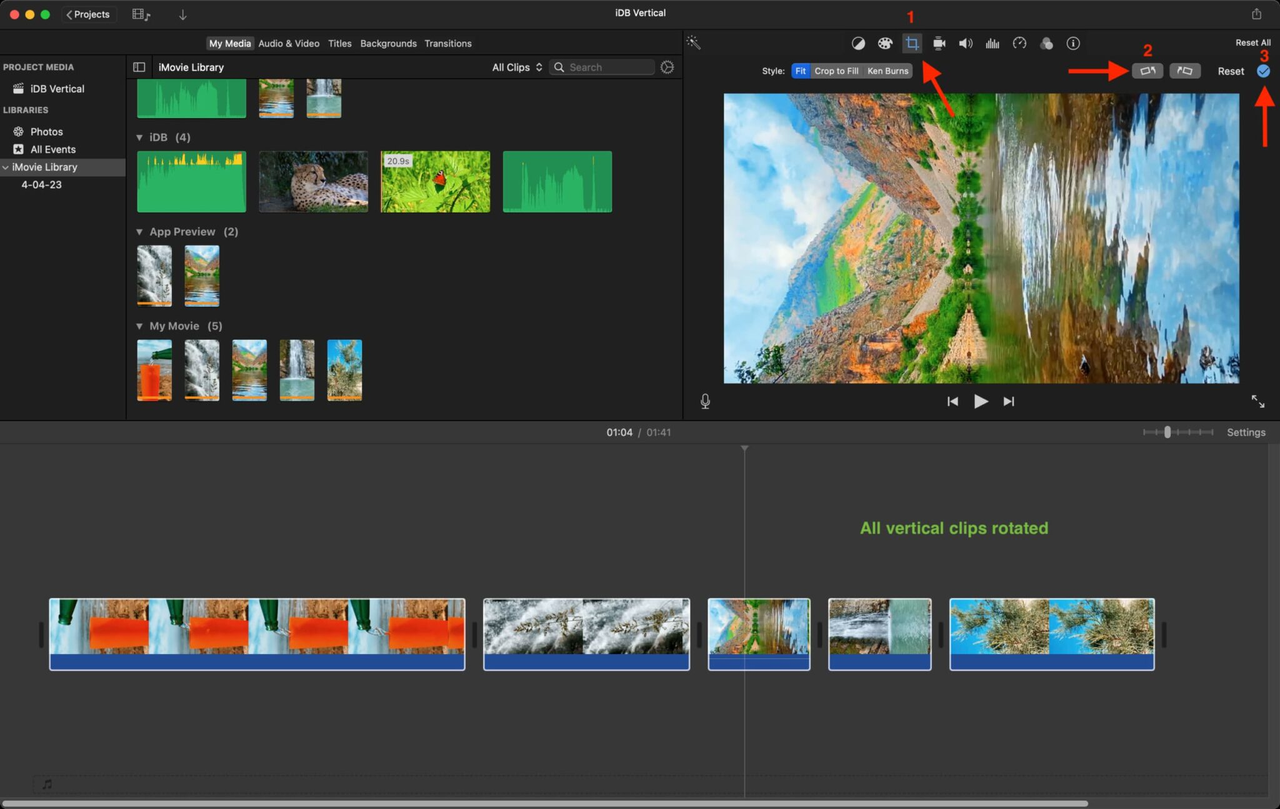 Interface showing how to make video vertical in iMovie using the rotate-export-rotate method