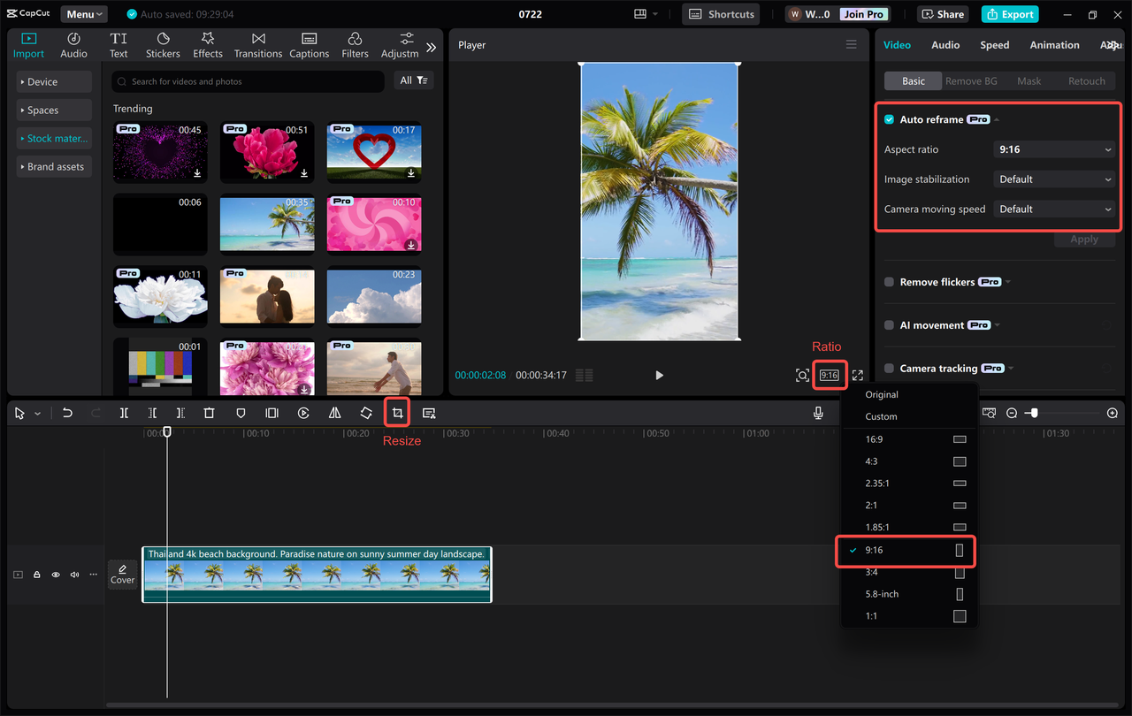 Adjusting vertical aspect ratio in the CapCut desktop video editor