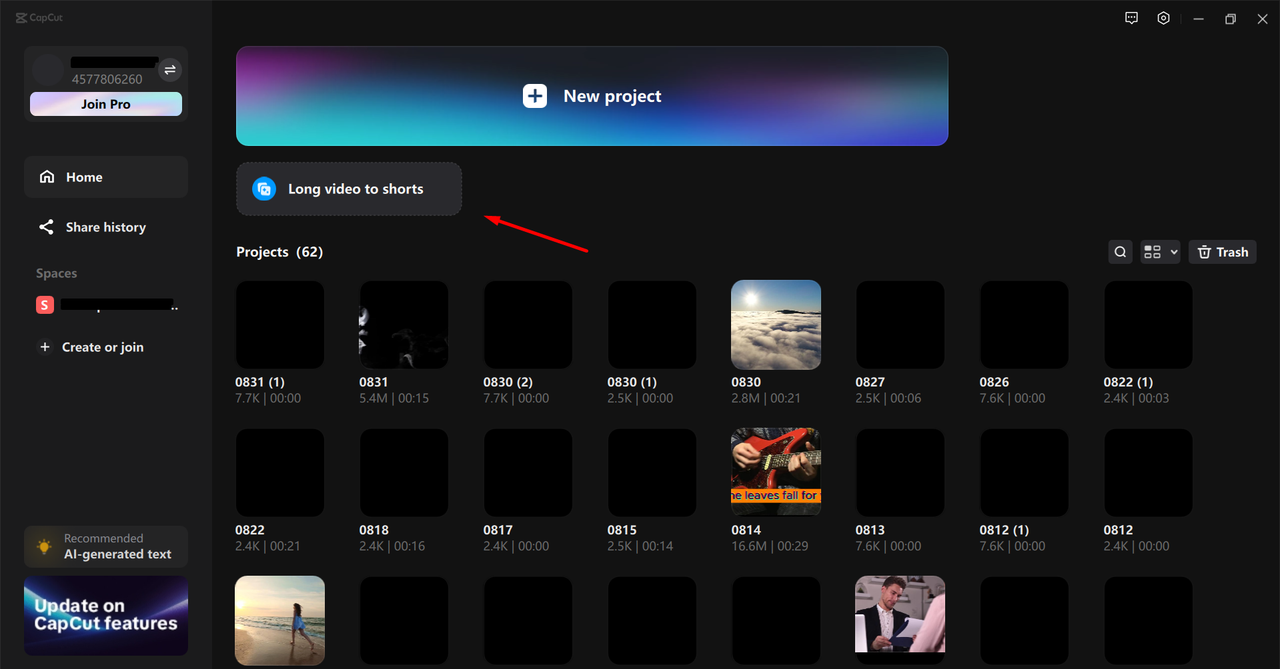 Accessing the "Long video to shorts" feature in the CapCut desktop video editor