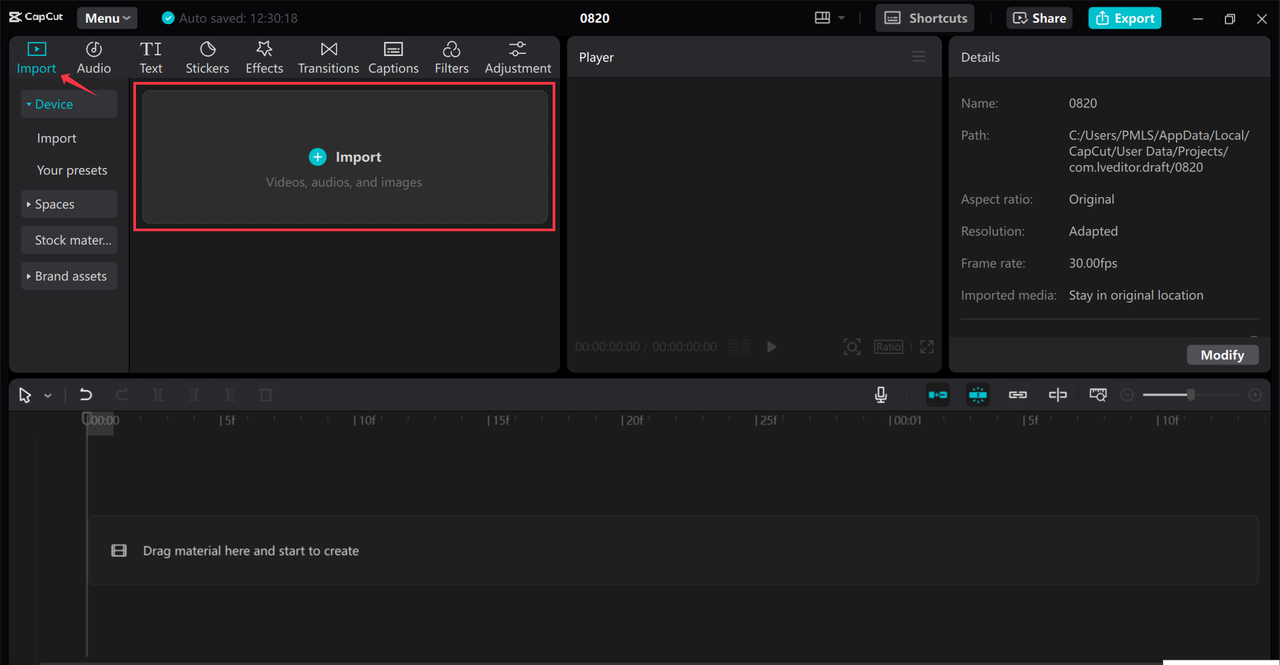 Importing the media into the CapCut desktop video editor