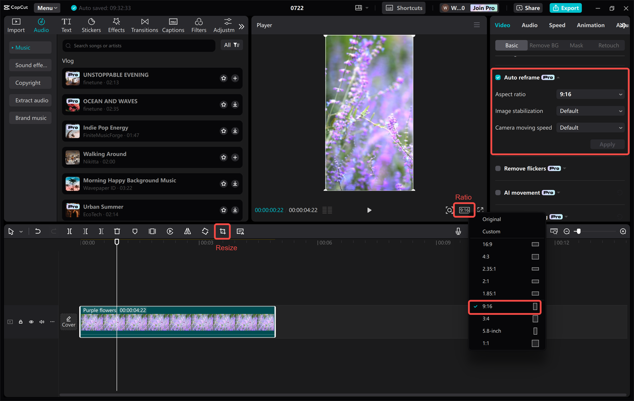 Adjusting vertical video size in the CapCut desktop video editor