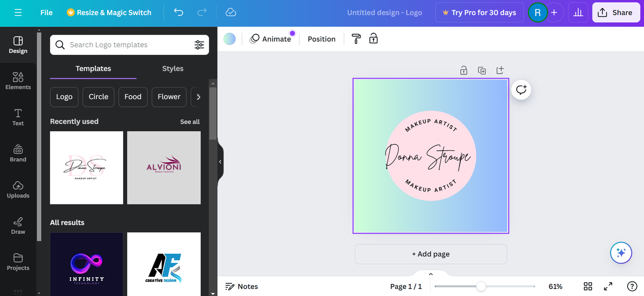 Interface of the Canva - the best tool to build a logo online for free