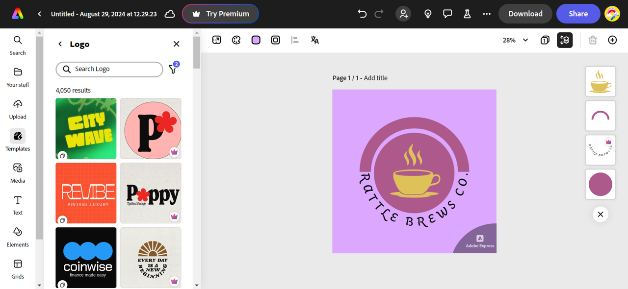 Interface of Adobe Express - the popular tool to create logos online for free