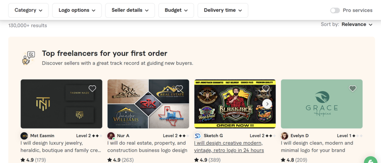 Interface of Fiverr that offers the best online logo design services