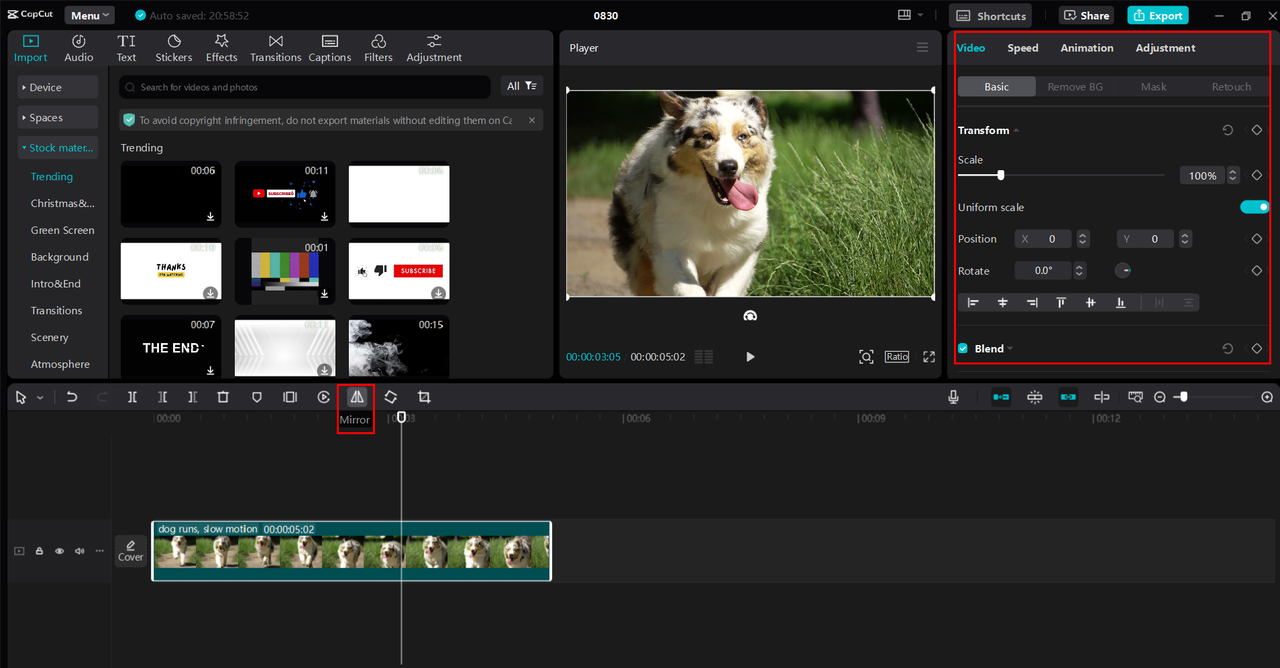 Applying the mirror video effect to the CapCut desktop video editor