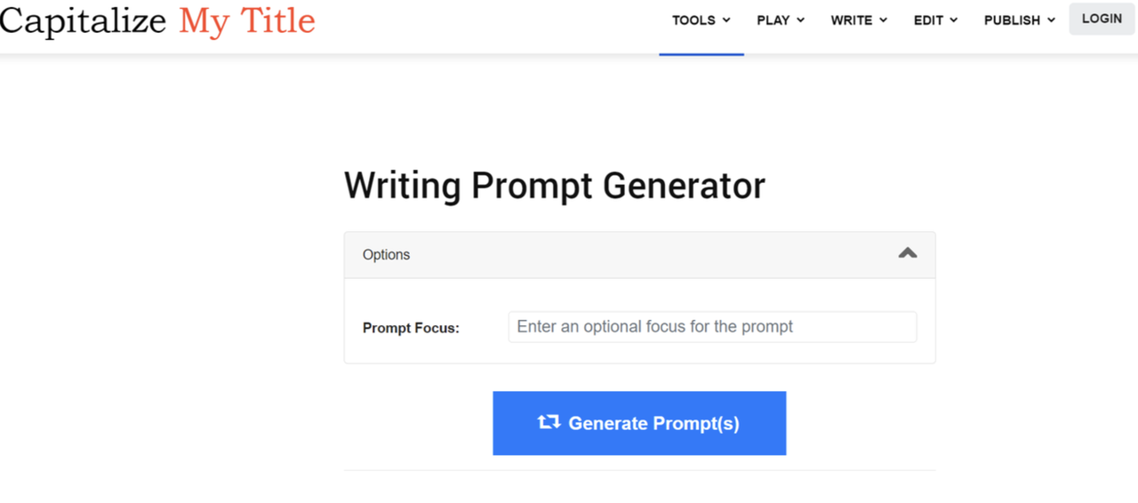 Interface of Capitalize My Title - a reliable fantasy writing prompt generator