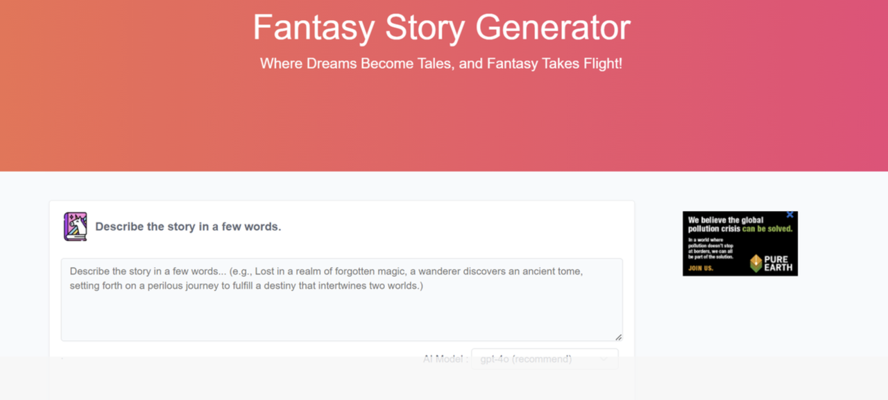 Interface of ToolBaz generator - an easy-to-use fantasy story ideas generator